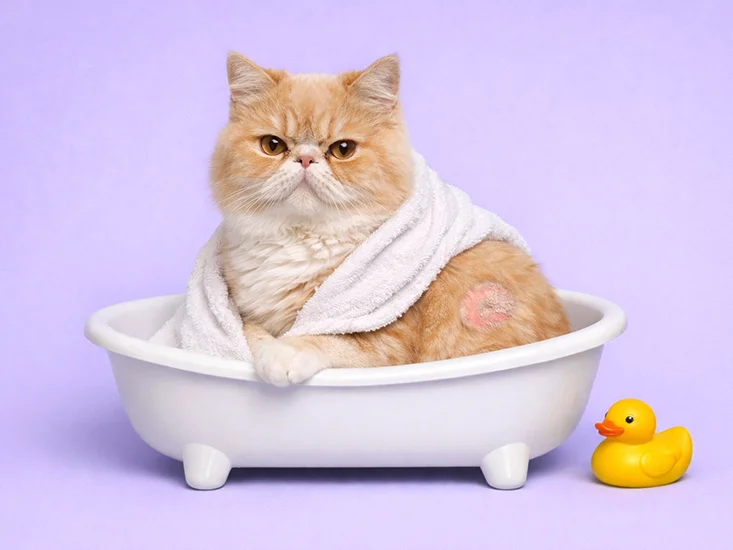 Kucing dimandikan dalam bak kecil untuk mengobati jamur dengan kondisi bulu rontok ringan pada tubuh