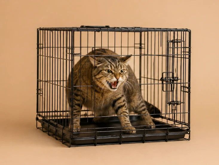 kucing agresif di dalam kandang menunjukkan reaksi marah saat akan dimandikan