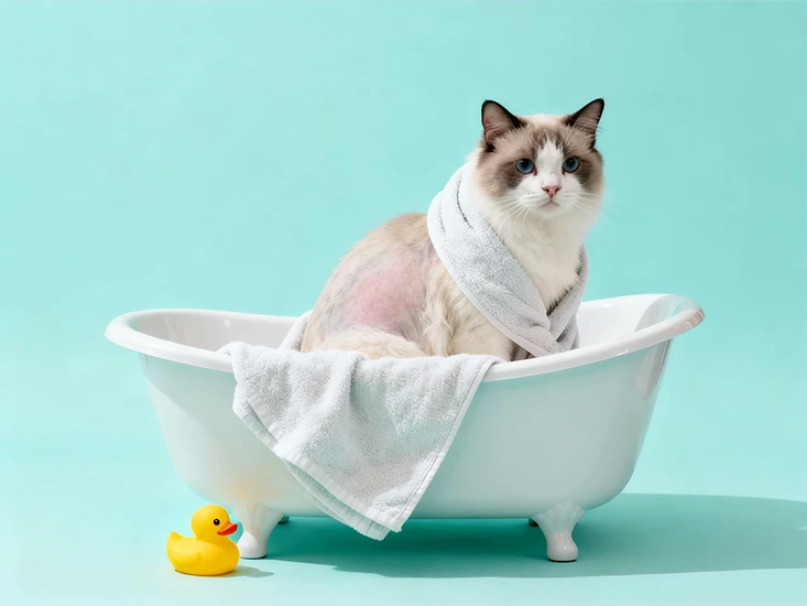 kucing gatal terus sedang dimandikan di bathtub untuk membantu mengurangi iritasi kulit