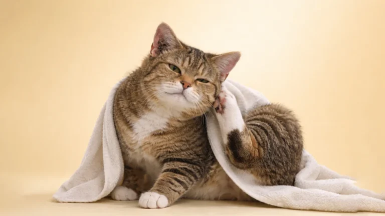 kucing gatal terus menggaruk leher dengan ekspresi tidak nyaman setelah mandi