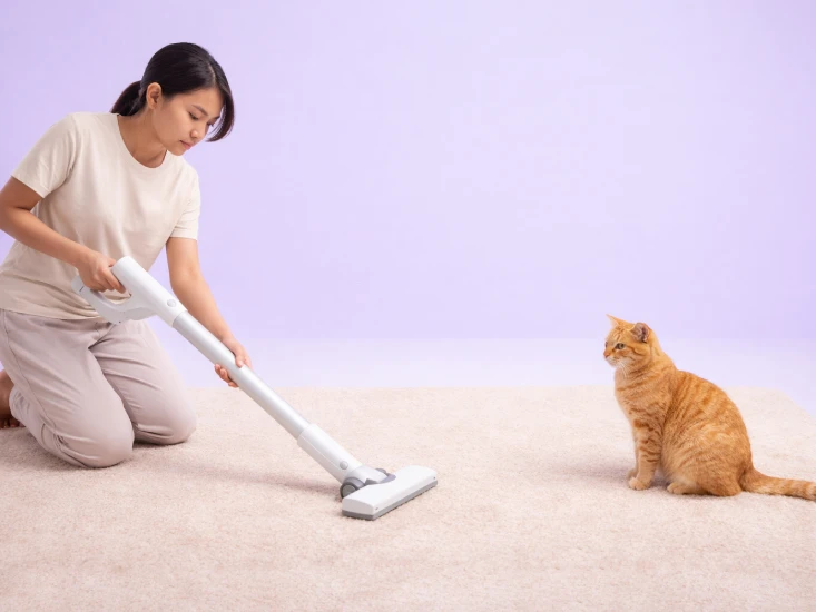 Cara menghilangkan kutu kucing dengan membersihkan karpet menggunakan vacuum di sekitar kucing